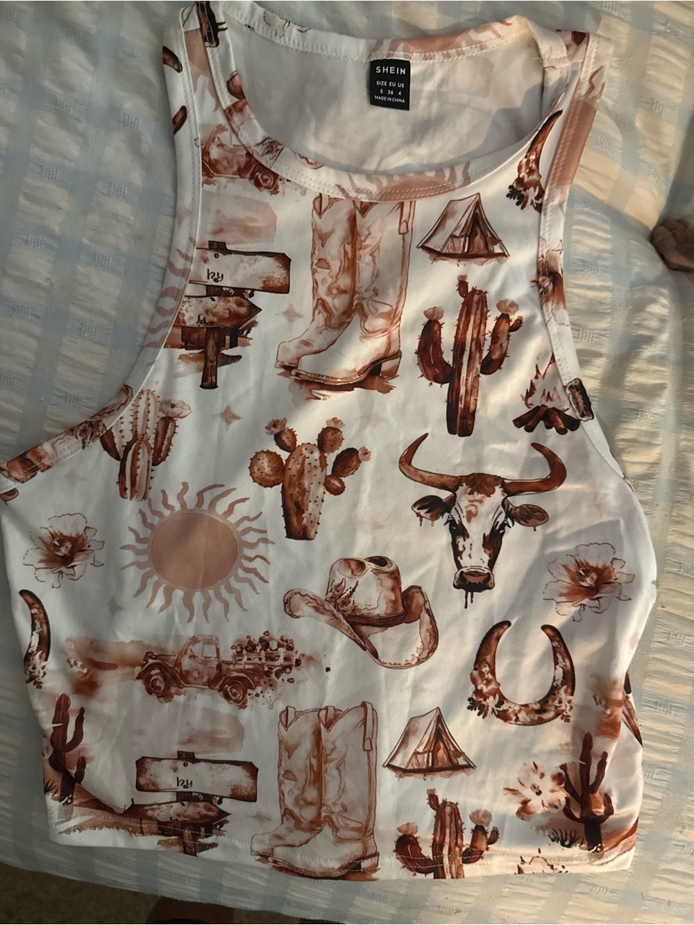 SHEIN White Tank Top with Brown Western Motif